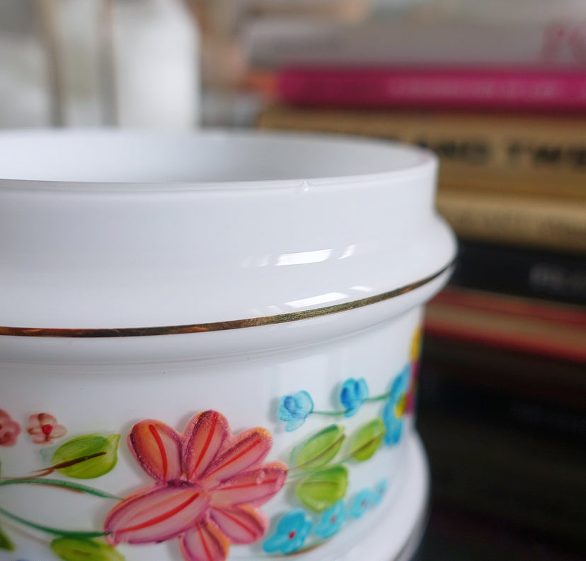 Opaline glass vanity jar with hand painted enamel floral detailing