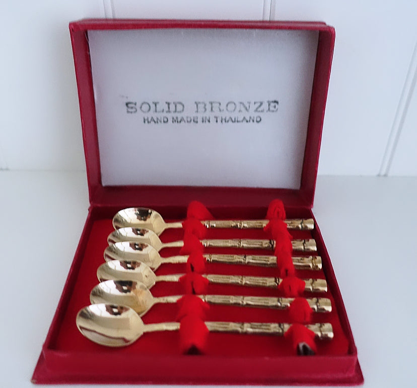 Set of six Thai bronze bamboo spoons