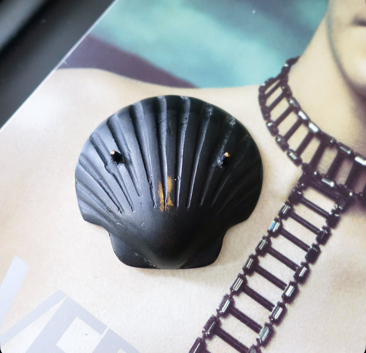 Pink enamel and brass scallop shell