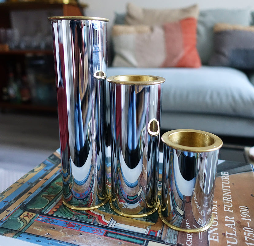 MCM Swedish chrome & brass candle holder set
