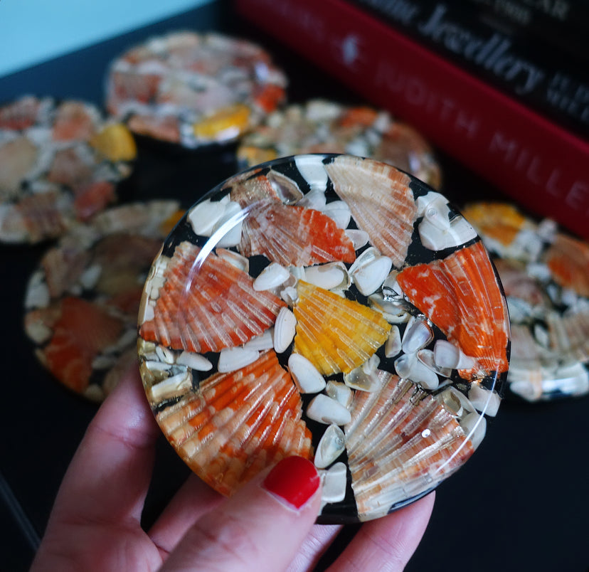 Set of six shell & lucite coasters