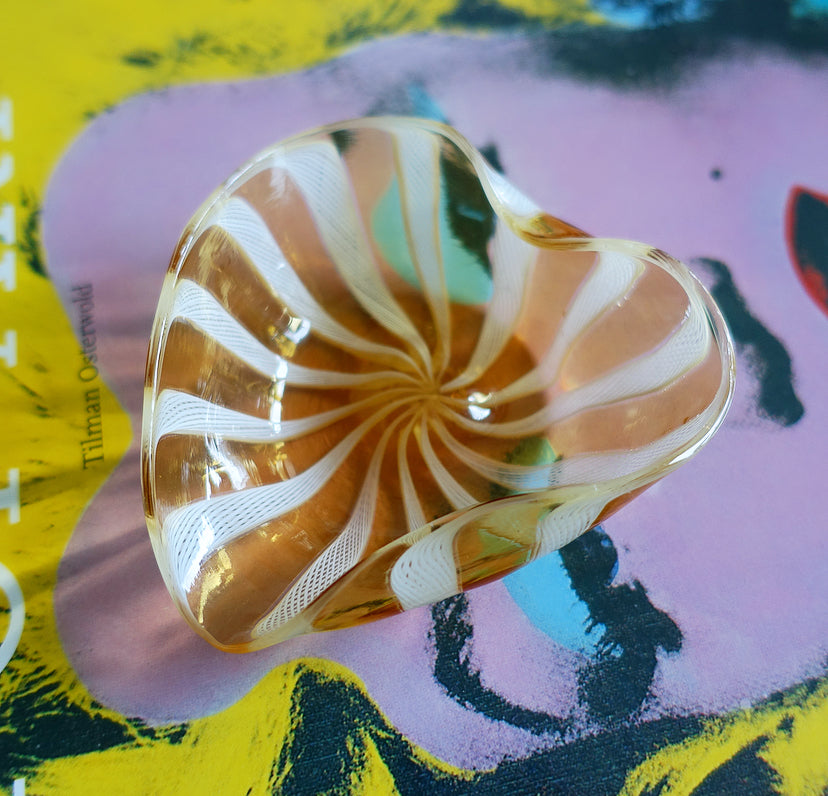 Amber & white Zanfirico Murano glass heart trinket dish