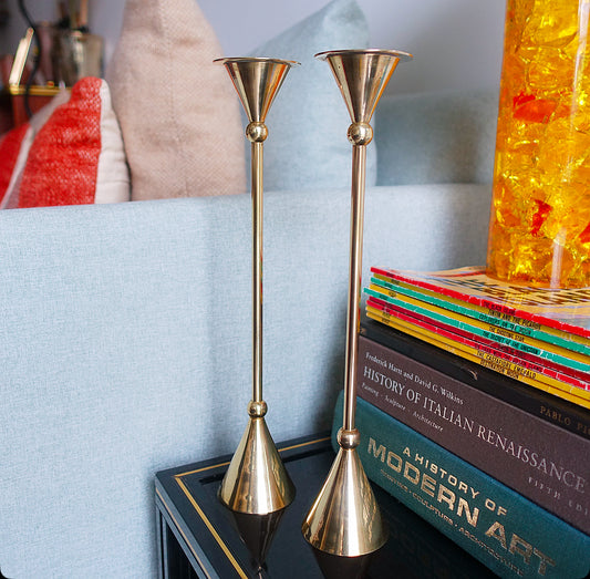 Large pair of post modern Memphis style brass candle holders