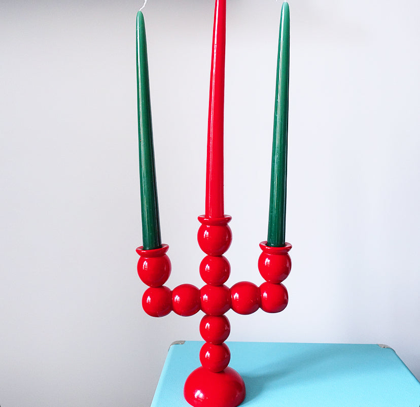 Swedish wooden bobbin folk art candelabra
