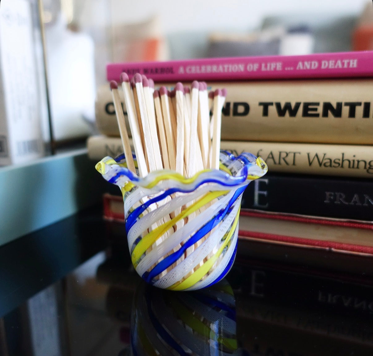 Blue & yellow Zanfirico Murano pot