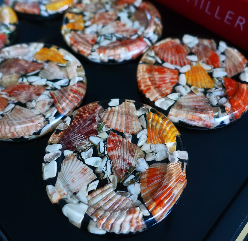 Set of six shell & lucite coasters