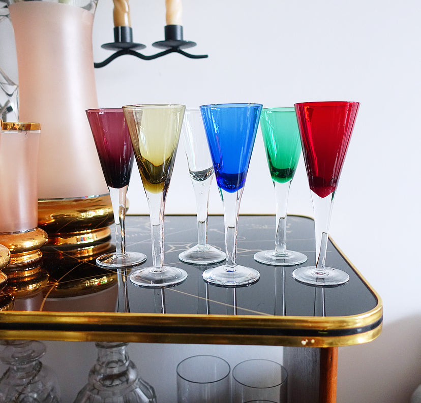 Set of six coloured liqueur glasses