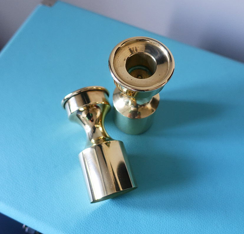 Pair of short Danish brass candle holders