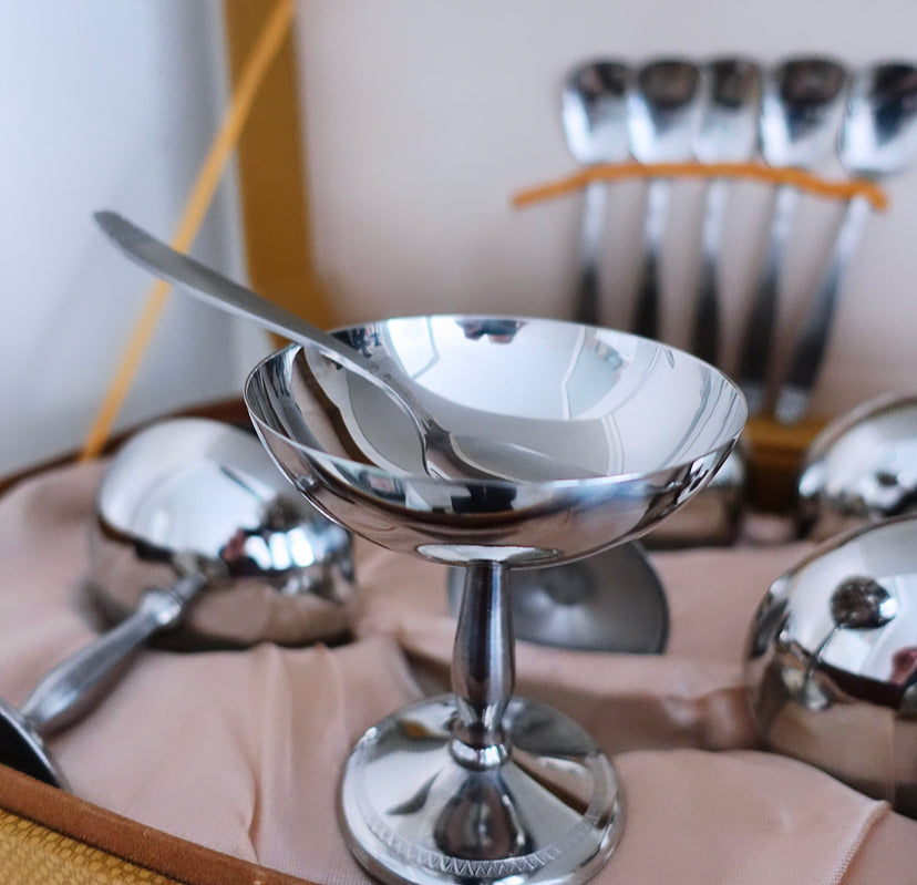 Set of six Italian stainless steel coupes & spoons