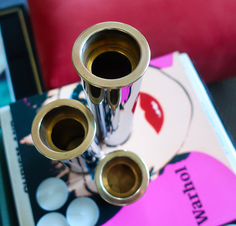 MCM Swedish chrome and brass candle holder set