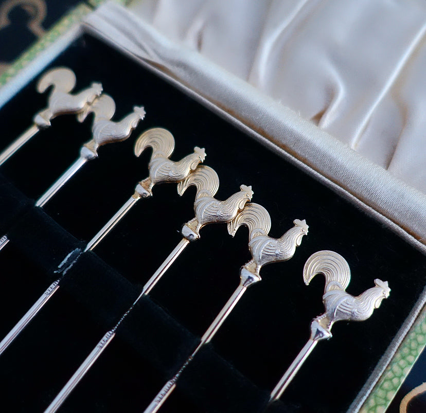 Set of six Art Deco Sterling silver cockerel cocktail sticks