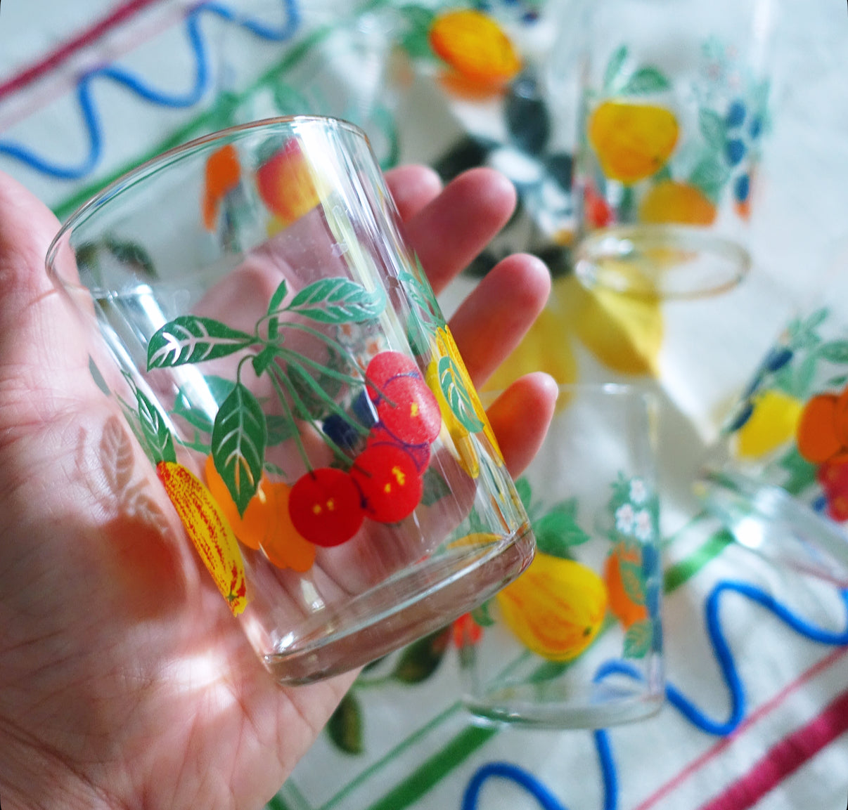 Set of six fruit juice glasses