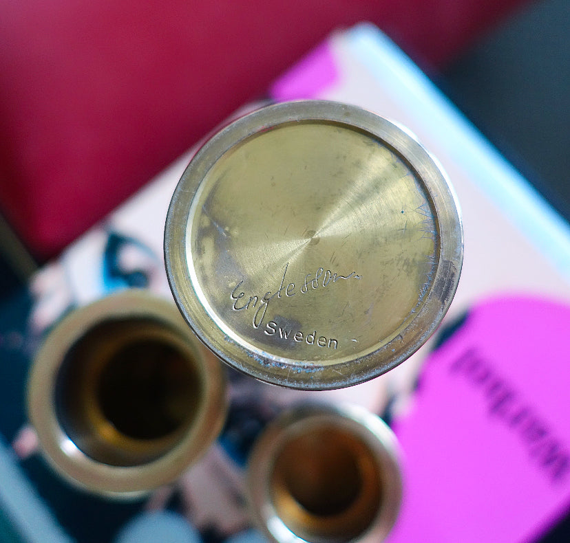 MCM Swedish chrome and brass candle holder set