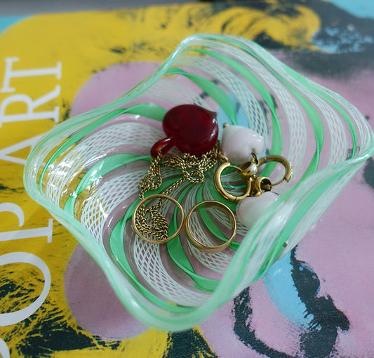 Green & white Zanfirico Murano glass trinket dish