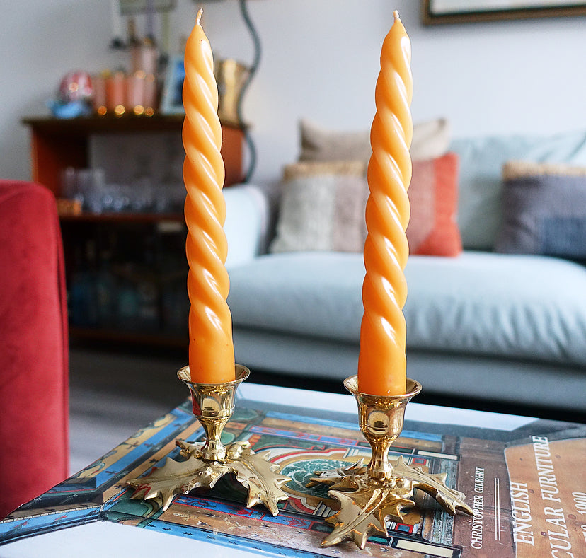 Pair of small brass Holly leaf candle holders