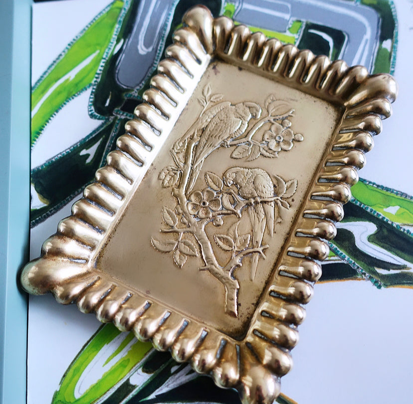 Brass Parrot & Blossom Trinket Tray