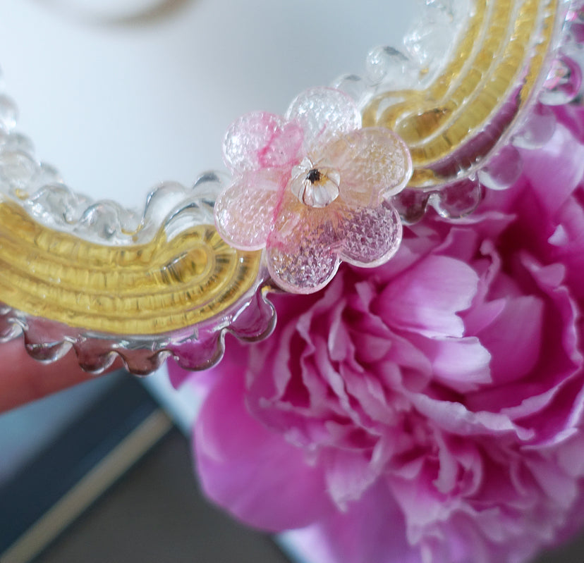 Small pink & gold Murano glass flower mirror