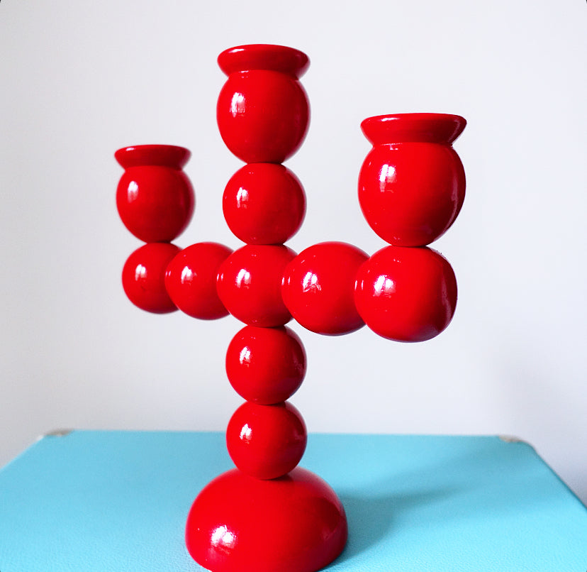 Swedish wooden bobbin folk art candelabra