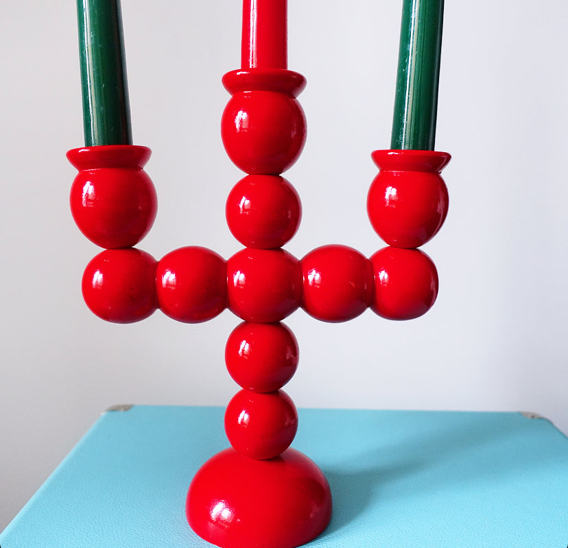 Swedish wooden bobbin folk art candelabra