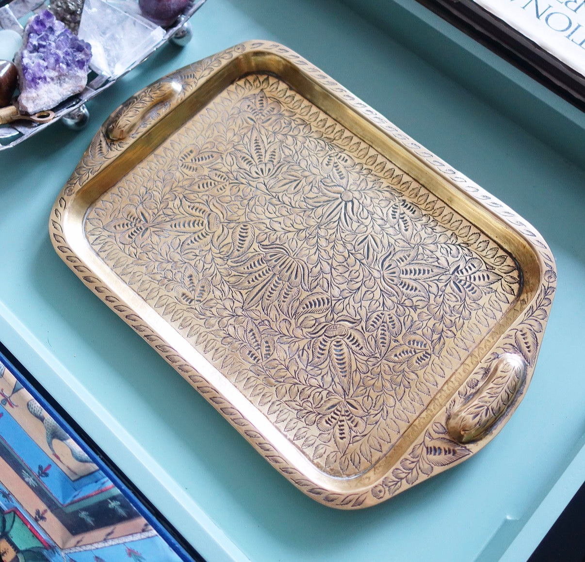 Small engraved brass tray