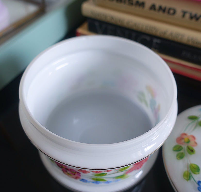 Opaline glass vanity jar with hand painted enamel floral detailing