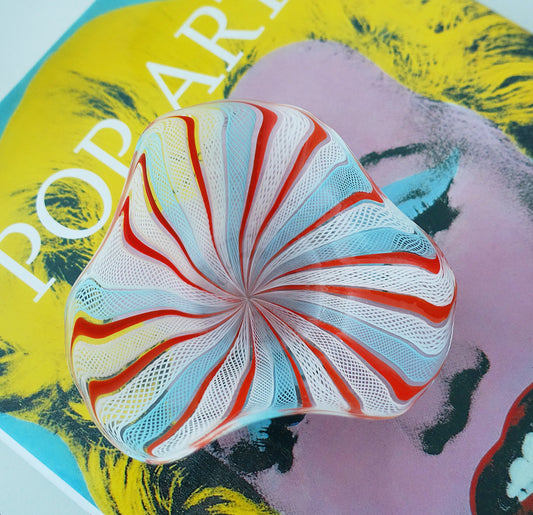 Red, blue & white Zanfirico Murano glass trinket dish