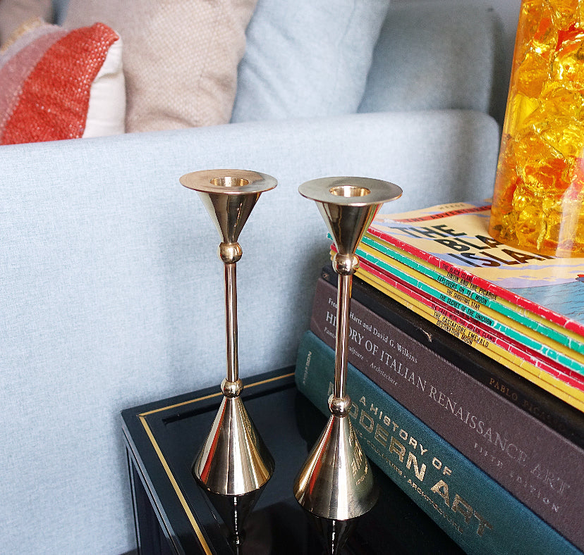 Small pair of post modern Memphis style brass candle holders