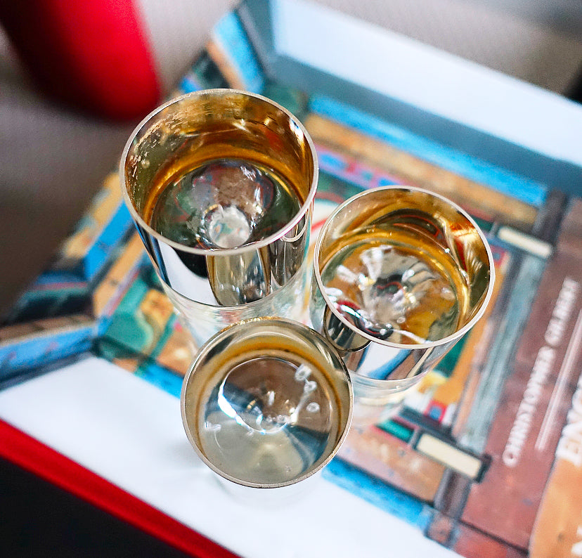 Set of three Swedish controlled bubble glass & brass candle holders