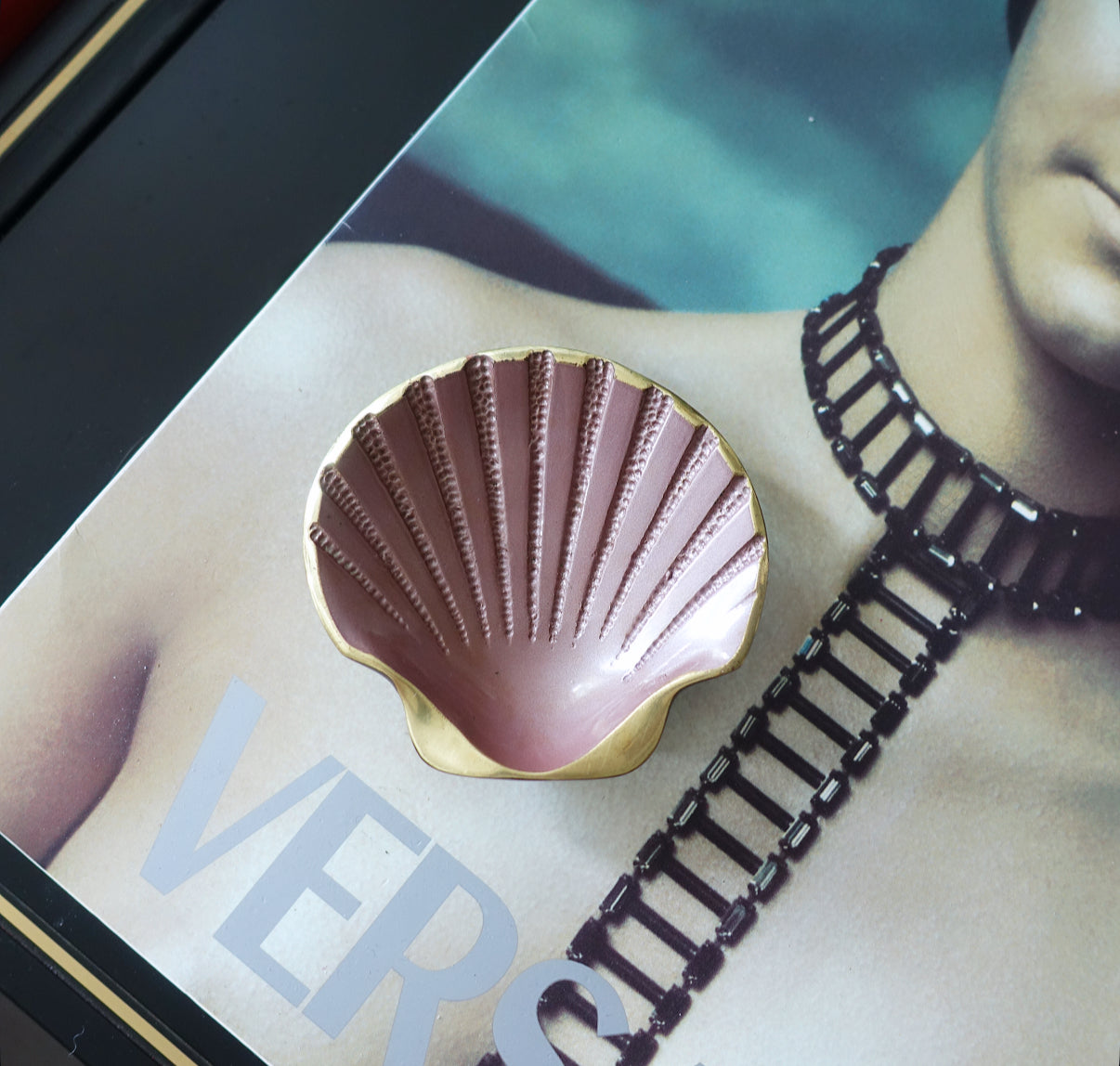 Pink enamel and brass scallop shell