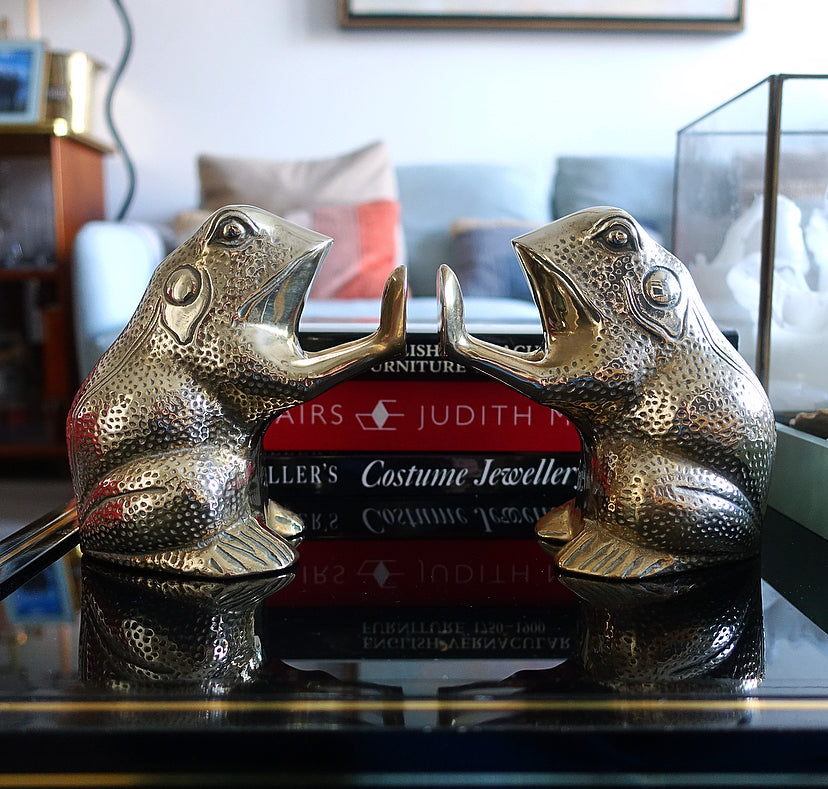 Pair of brass frog bookends