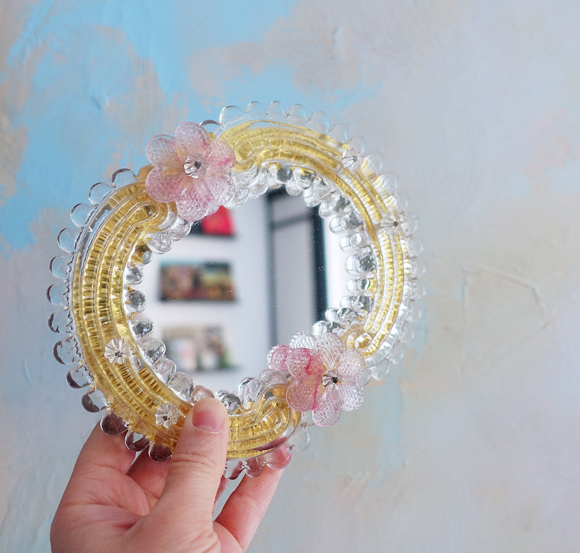 Small pink & gold Murano glass flower mirror