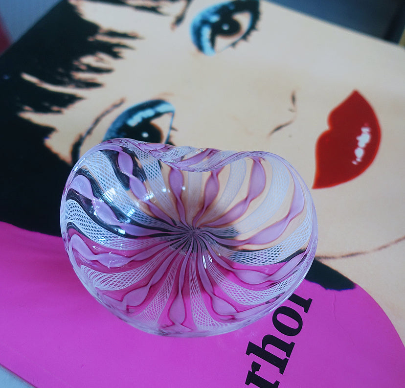 Pink & white Zanfirico Murano glass trinket dish