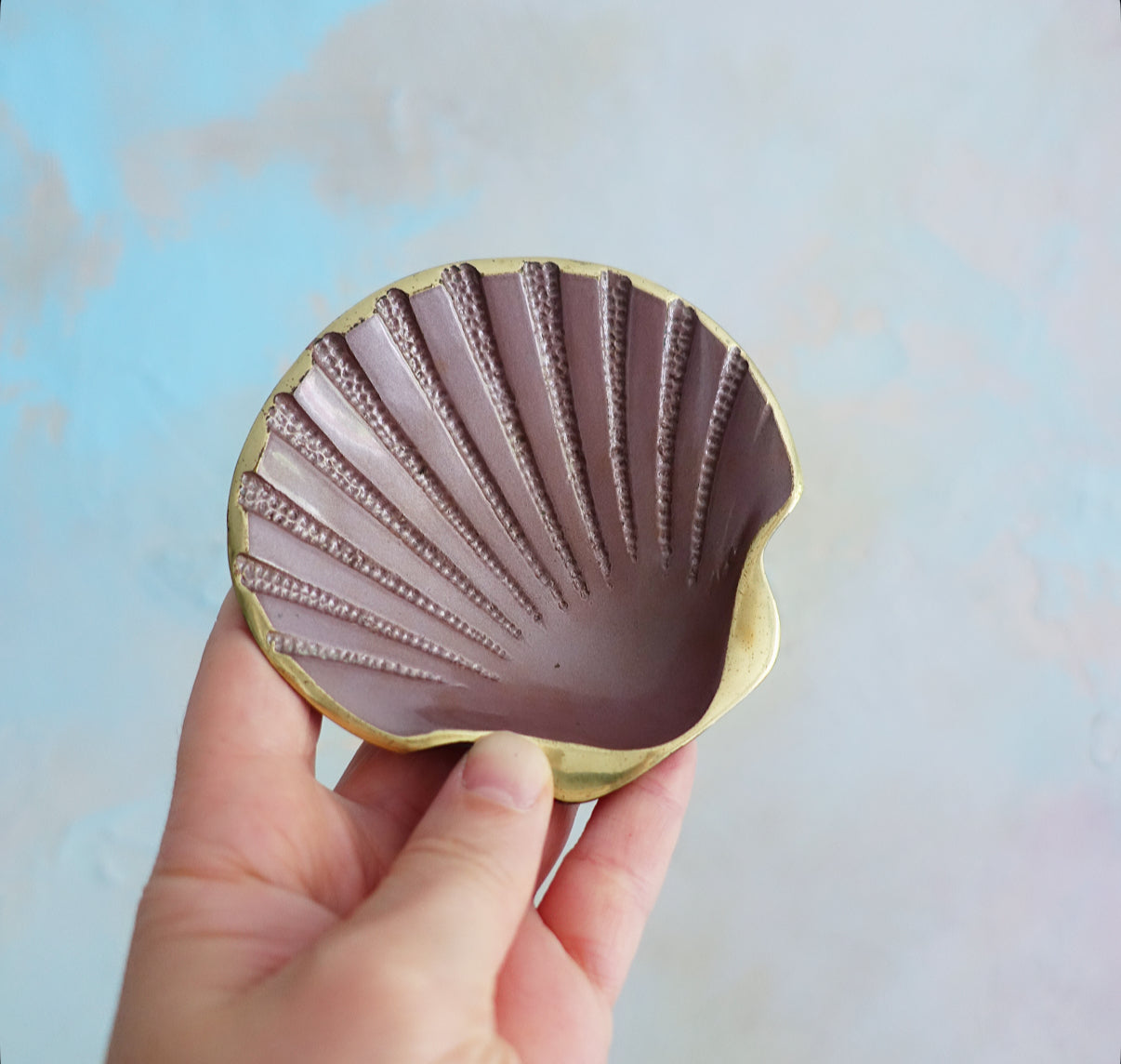 Pink enamel and brass scallop shell