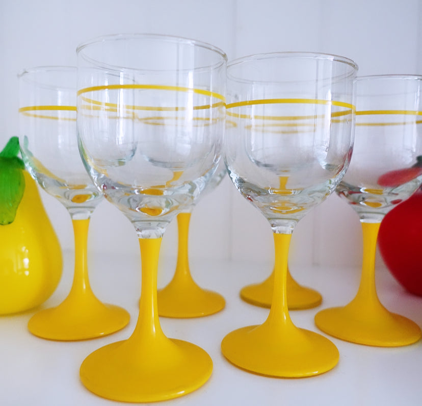 Set of six retro yellow wine glasses