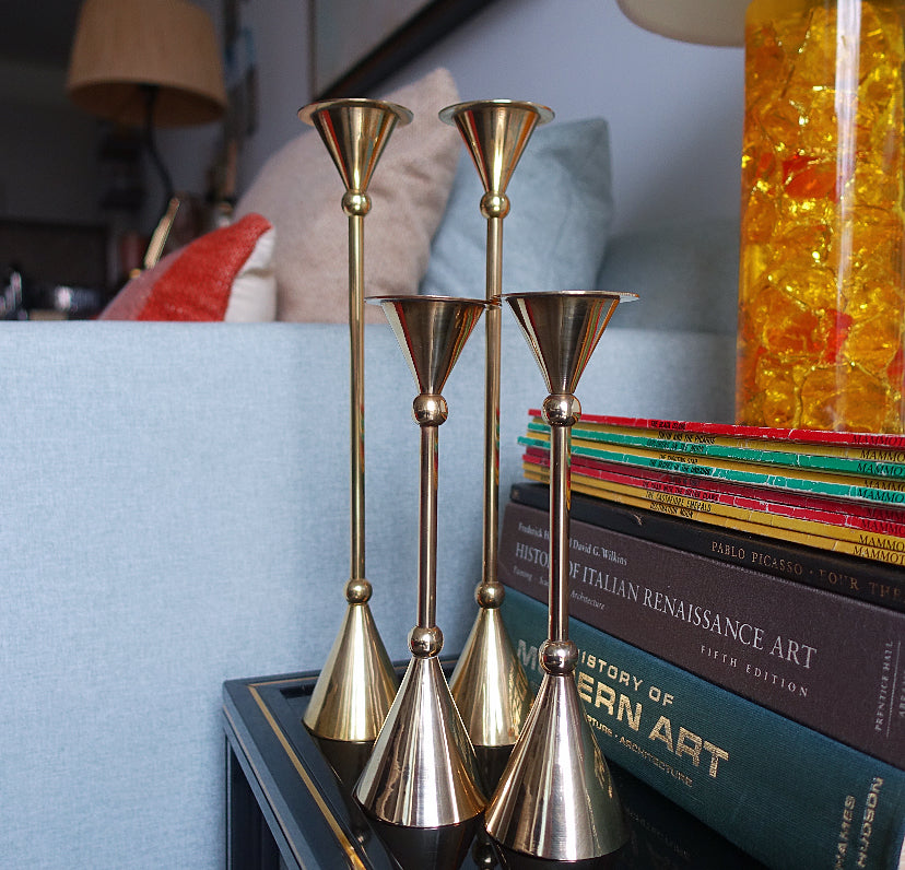 Small pair of post modern Memphis style brass candle holders