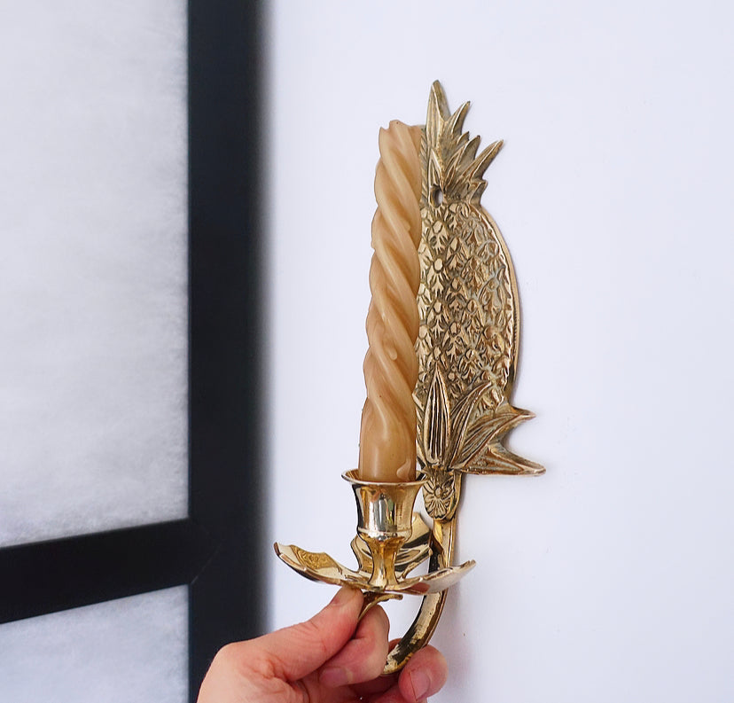 Pair of Hollywood Regency brass pineapple candle sconces
