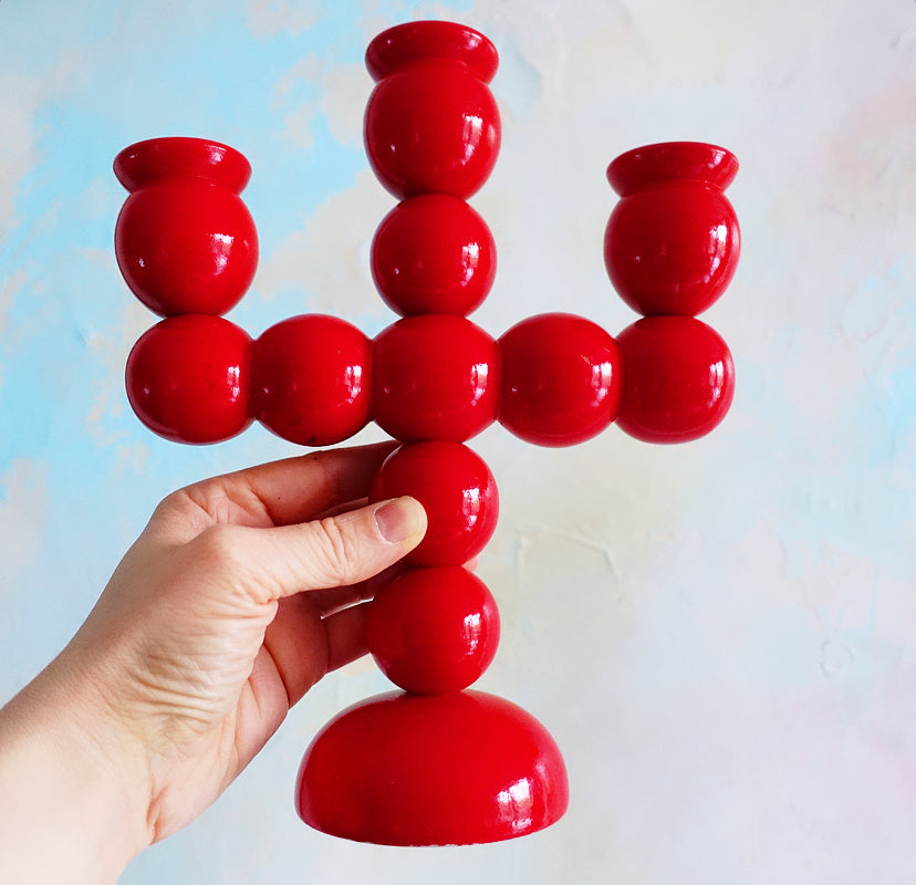 Swedish wooden bobbin folk art candelabra