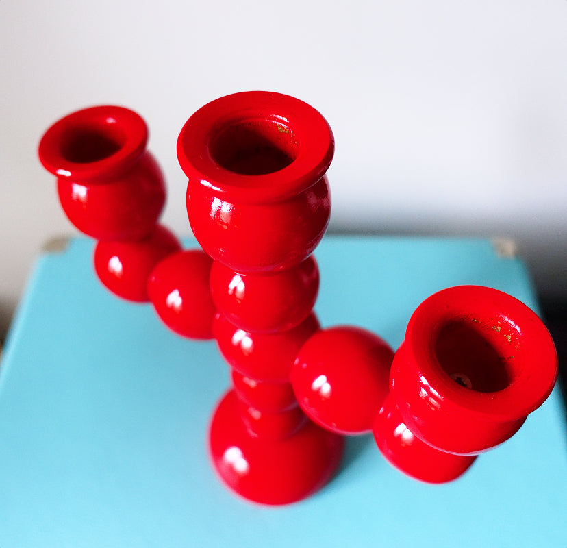 Swedish wooden bobbin folk art candelabra