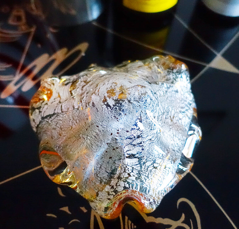 Yellow Murano glass trinket dish with silver leaf inclusions