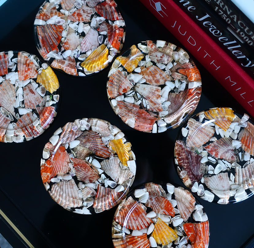 Set of six shell & lucite coasters
