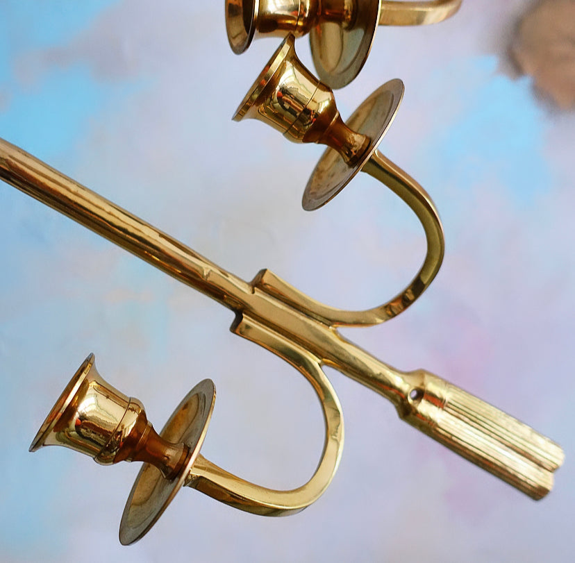 Large Pair of Hollywood Regency Brass Bow Candle Sconces