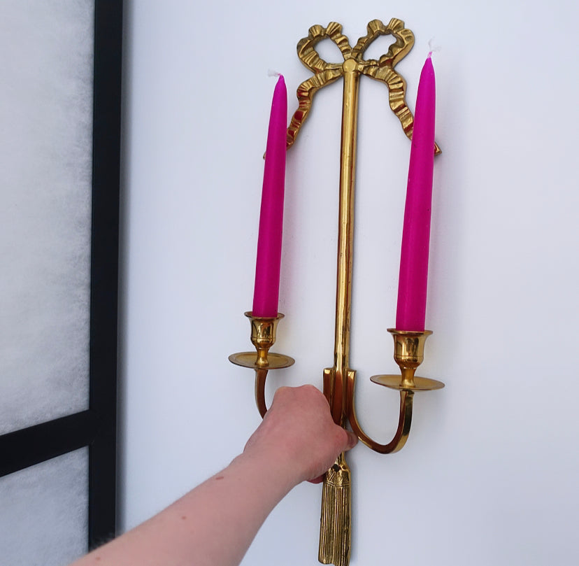 Large Pair of Hollywood Regency Brass Bow Candle Sconces