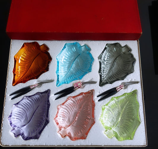 Mid-Century Glass Leaf Dish Set with Forks