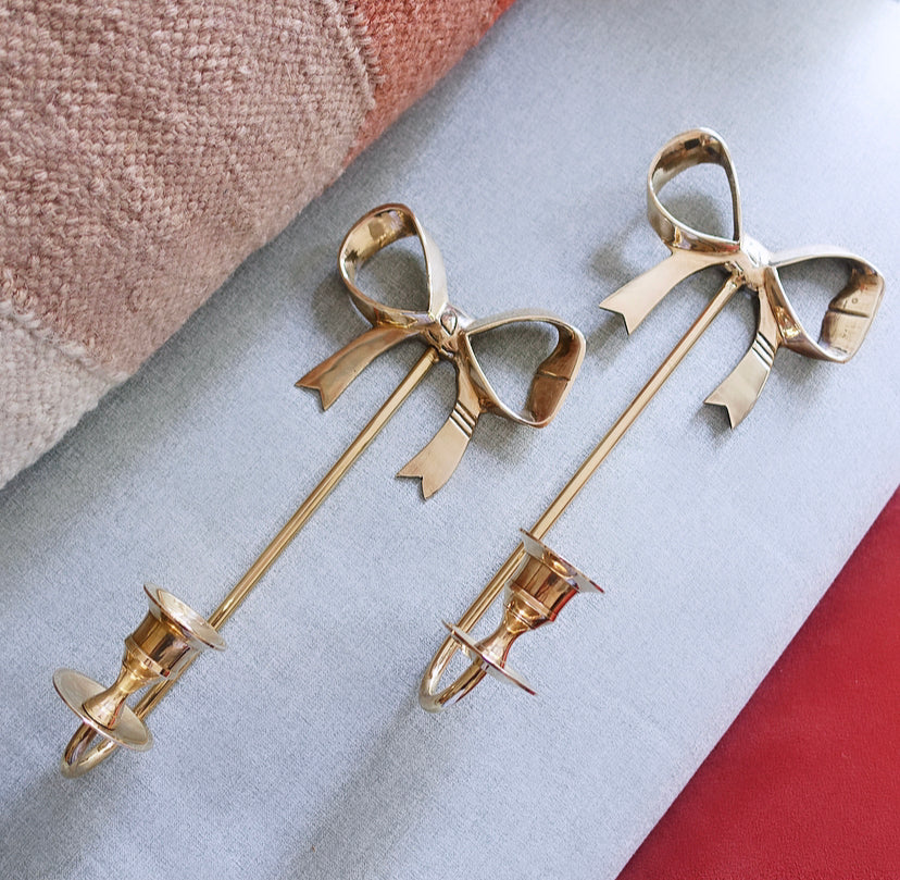 Pair of Hollywood Regency Brass Bow Candle Sconces