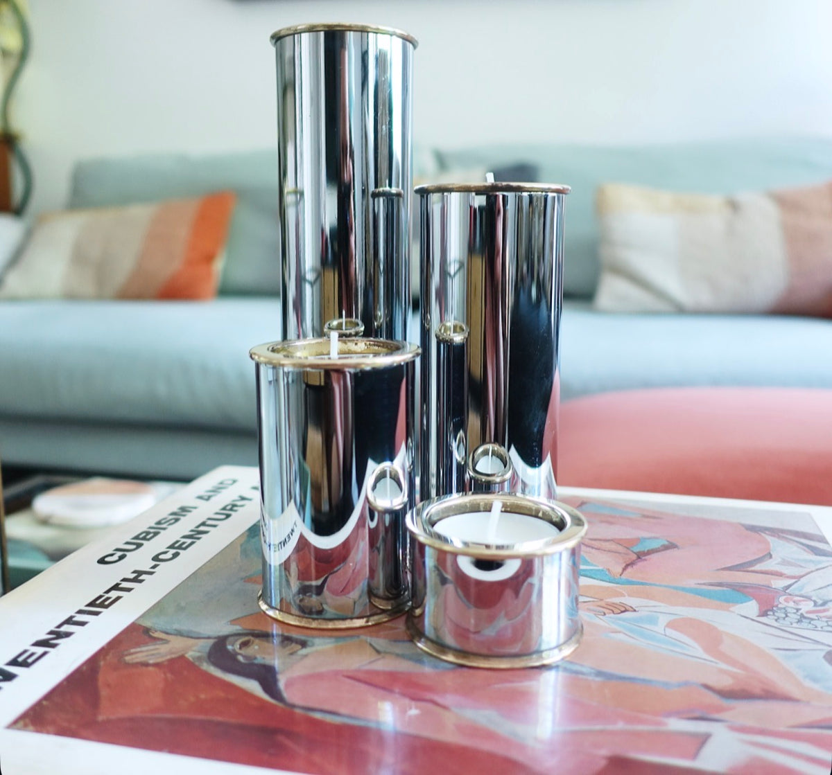 Swedish chrome & brass candle holder set