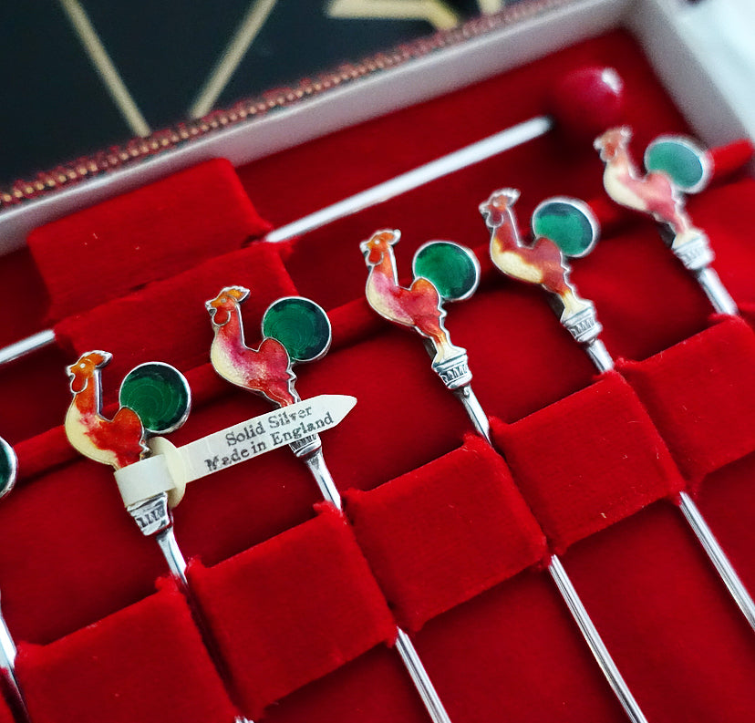 Silver & enamel cocktail stick set