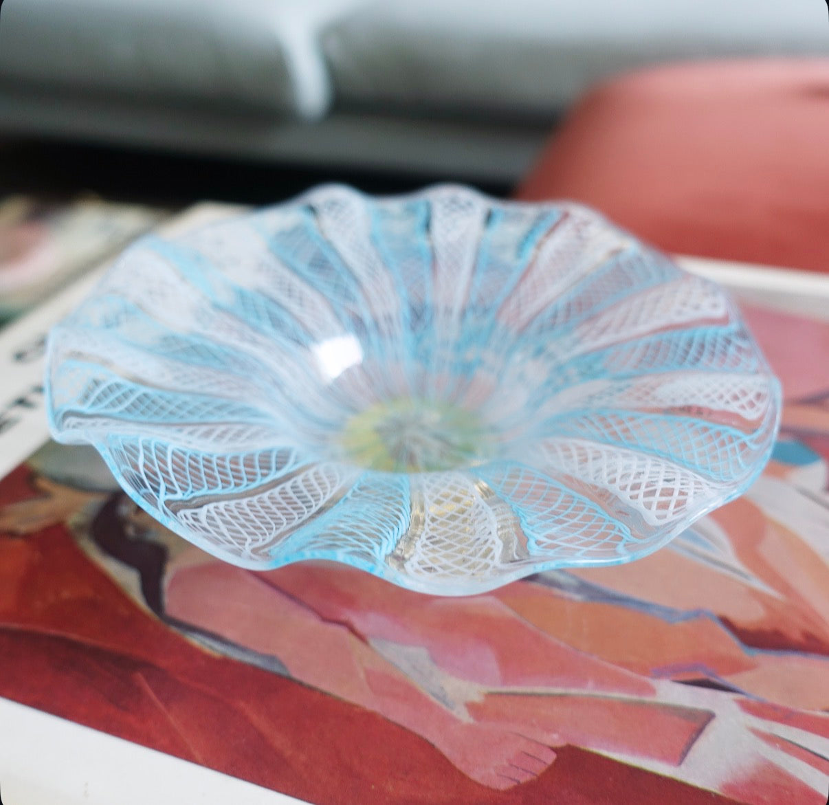 Blue & white Zanfirico Murano glass Bon Bon dish