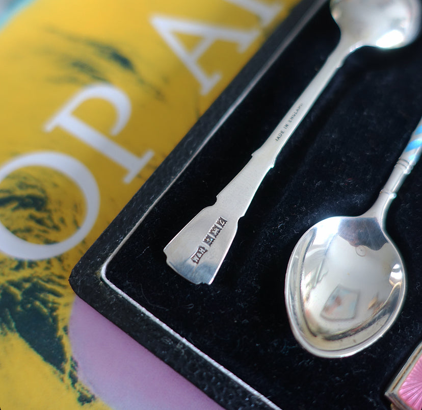 Mid-Century English Silver hallmarked & rainbow enamel spoon set