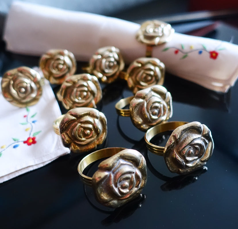 Set of 10 brass rose napkin rings