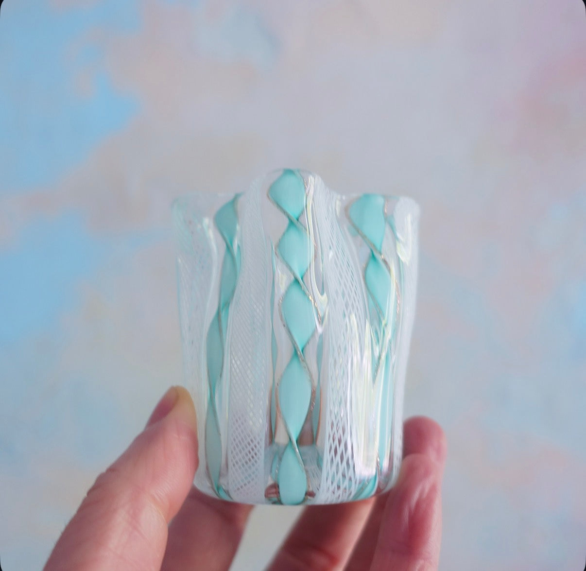 Blue & white Zanfirico Murano glass pot